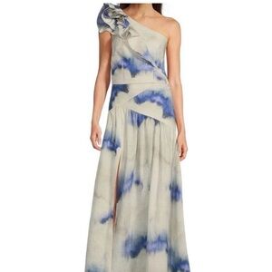 Marchesa One-Shoulder Blue and Cream Dress